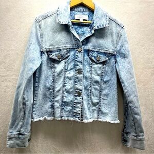 Libby Edelman Acid Wash Mid Length Denim Jean Jacket Women Sz XS Bikercore